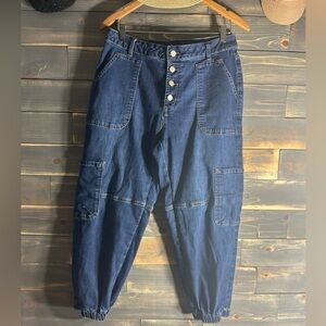 Women’s Dark Blue Button-Front Cargo Jeans